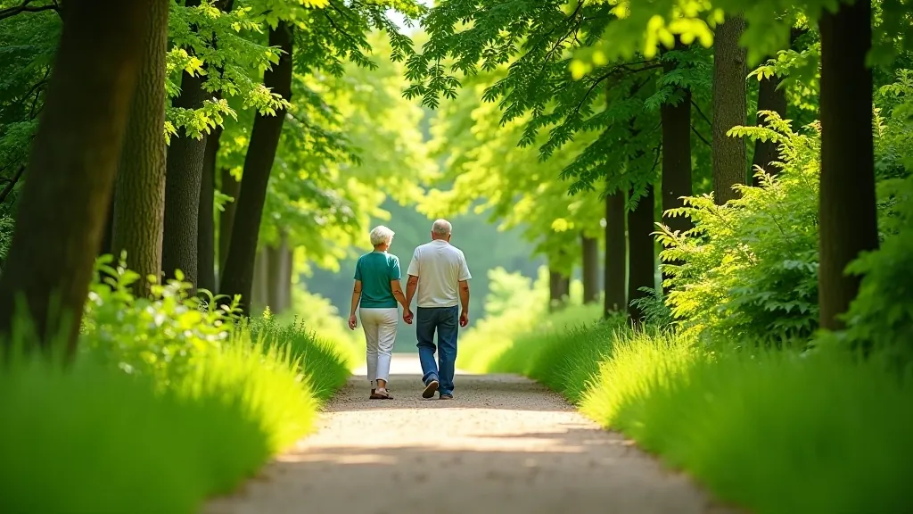 Skaists parks ar senioru pāri pastaigā pa pieejamu maršrutu